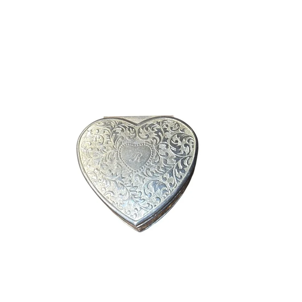 Vintage Heart Shaped Silver Floral‎ Design Mini Jewelry Box Blue Velvet Interior